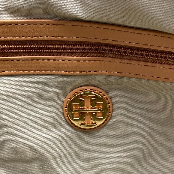Tory Burch Jaden Bag Coconut Blue Brown Canvas Leather Shopping Tote Purse Women - Picture 11 of 12